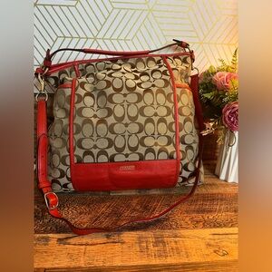 Coach Red and Tan Signature Shoulder Bag GUC